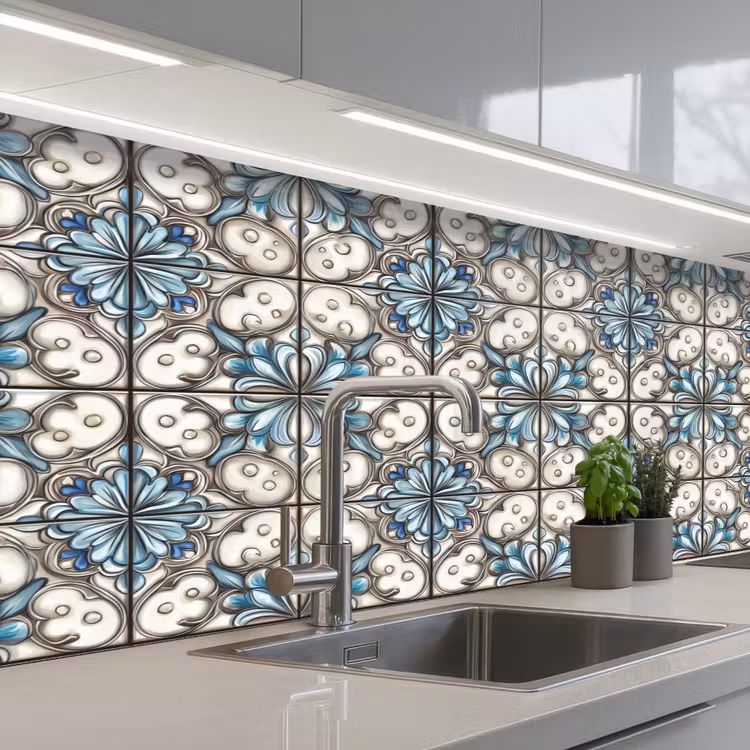 Barok - Tegel - Kleurrijk keuken achterwand 2 middel 871 -3d_schuin