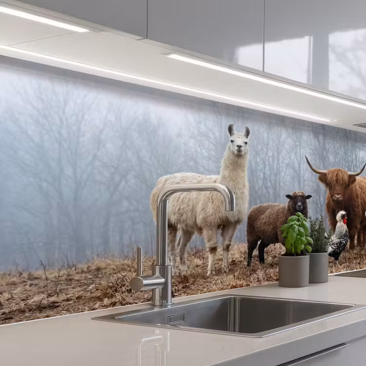 Boerderijdieren - Groep - Mist - Natuur - Rustiek keuken achterwand 2 middel -3d_schuin