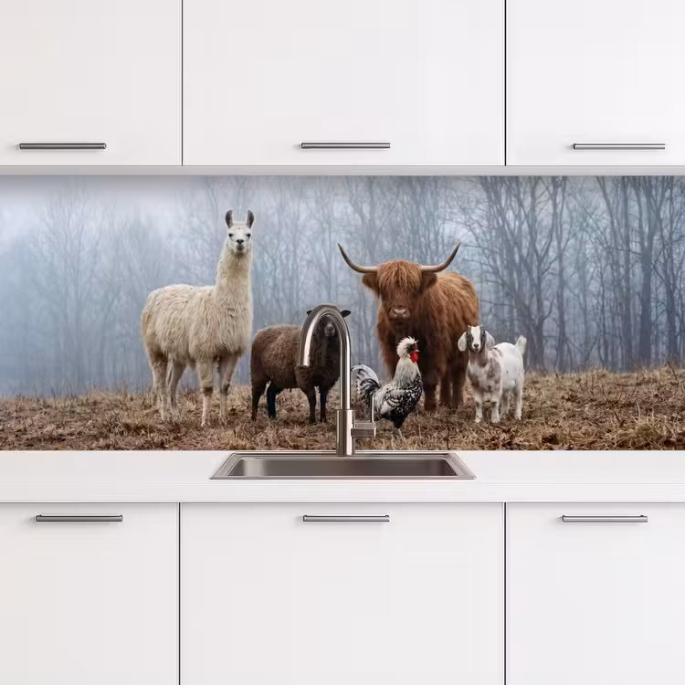 Boerderijdieren - Groep - Mist - Natuur - Rustiek keuken achterwand 2 middel -3d