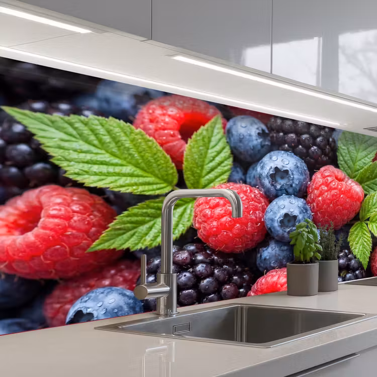 Bessen - Vers - Waterdruppels - Kleurrijk - Eten keuken achterwand 2 middel -3d_schuin