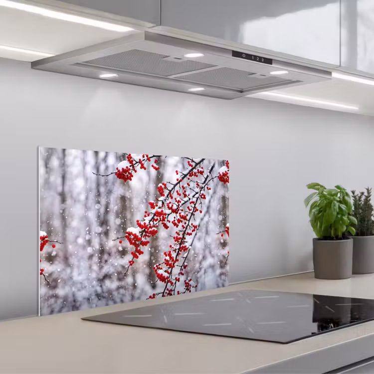 Bessen - Takken - Sneeuw - Winter - Kleurrijk keuken achterwand spatscherm klein -3d_schuin