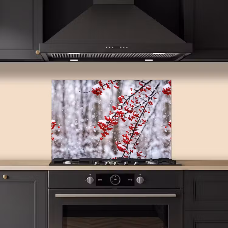 Bessen - Takken - Sneeuw - Winter - Kleurrijk keuken achterwand spatscherm klein -sfeer1