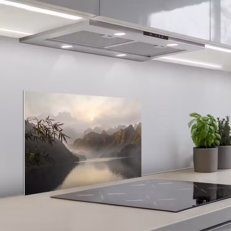 Bergen - Water - Mist - Natuur - Landschap keuken achterwand spatscherm klein -3d_schuin