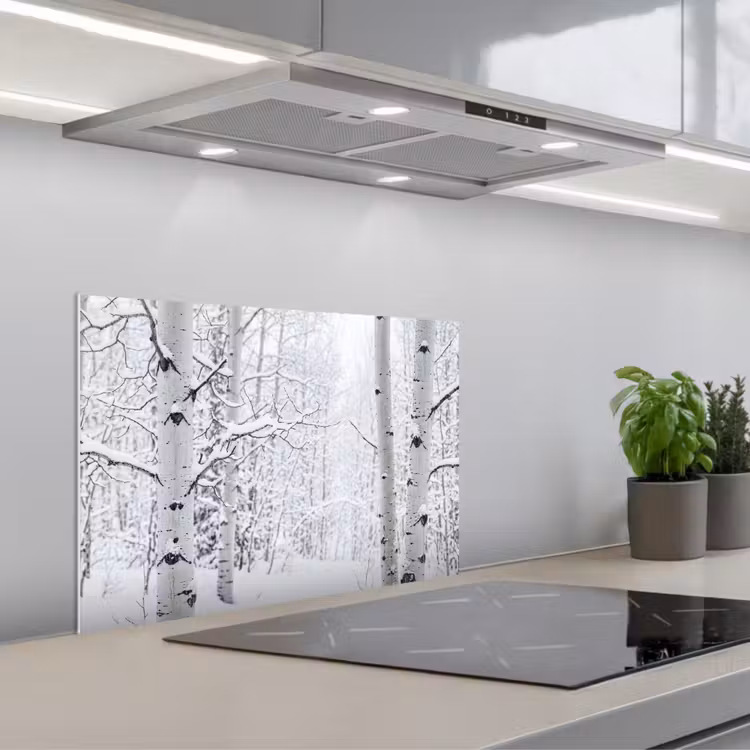 Berkenbomen - Sneeuw - Winter - Bos - Wit keuken achterwand spatscherm klein -3d_schuin