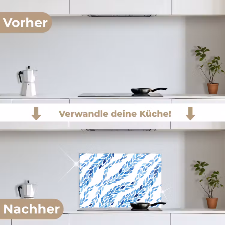 Bladeren - Aquarel - Patroon - Modern - Blauw keuken achterwand spatscherm klein -voor_na_DE