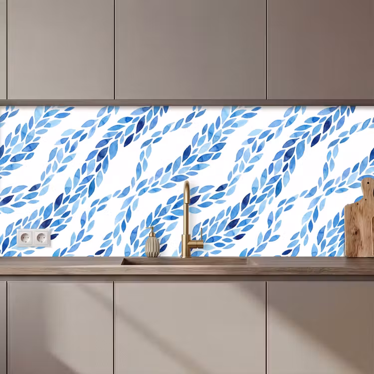 Bladeren - Aquarel - Patroon - Modern - Blauw keuken achterwand 2 middel zz_3dshopping