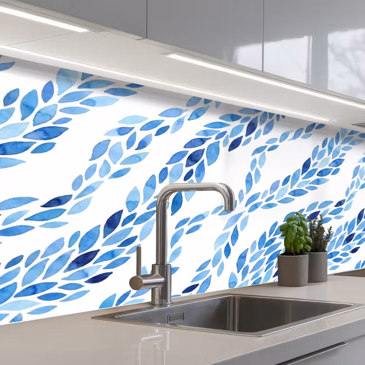 Bladeren - Aquarel - Patroon - Modern - Blauw keuken achterwand 2 middel -3d_schuin