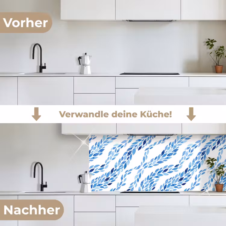 Bladeren - Aquarel - Patroon - Modern - Blauw keuken achterwand 2 middel -voor-na_DE