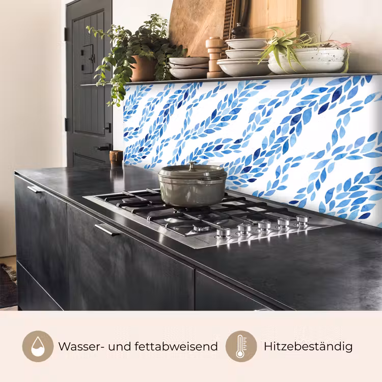Bladeren - Aquarel - Patroon - Modern - Blauw keuken achterwand 2 middel -usp_DE