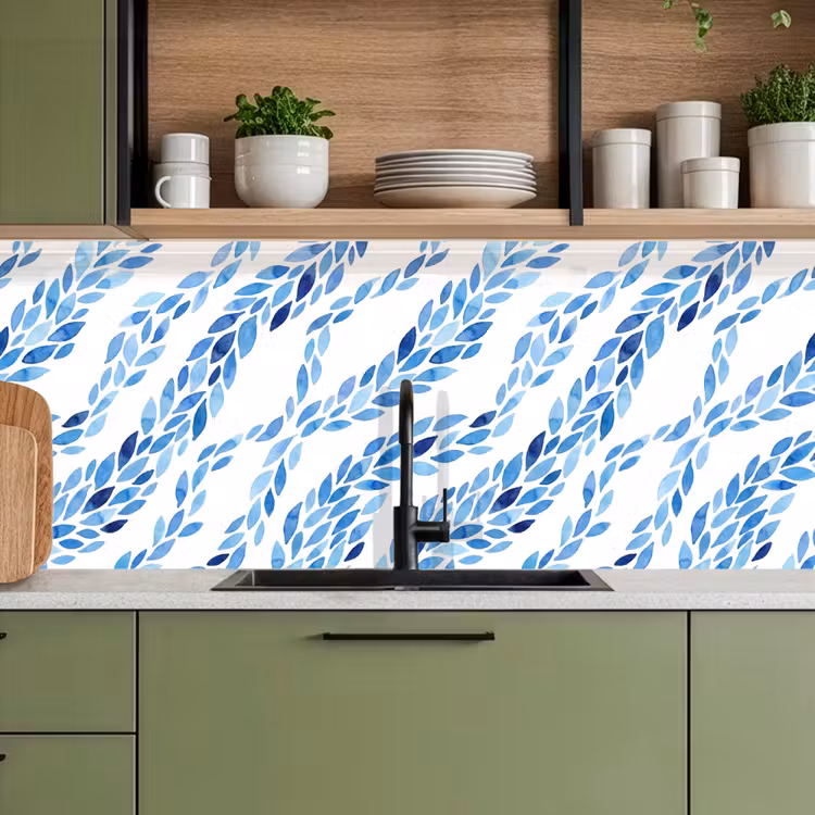 Bladeren - Aquarel - Patroon - Modern - Blauw keuken achterwand 2 middel -sfeer3