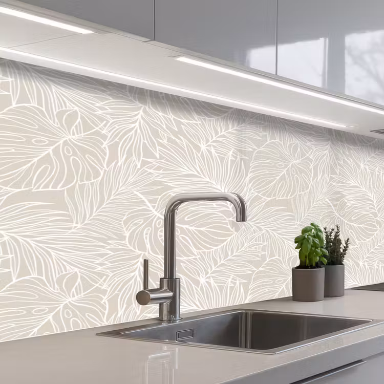Bladeren - Beige - Monstera - Palm keuken achterwand 2 middel -3d_schuin