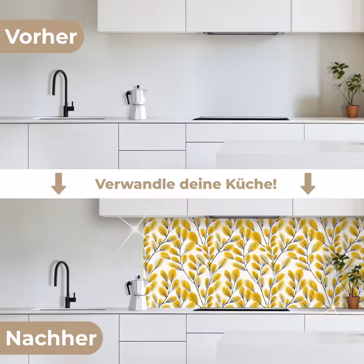 Bladeren - Botanisch - Elegant - Geel - Zwart keuken achterwand 2 middel 871 -voor-na_DE