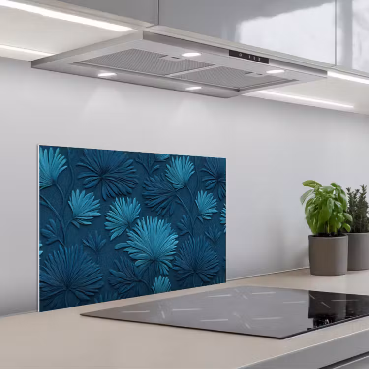 Bladeren - Reliëf - Patroon - Oceaanblauw - Modern keuken achterwand spatscherm klein 900 -3d_schuin