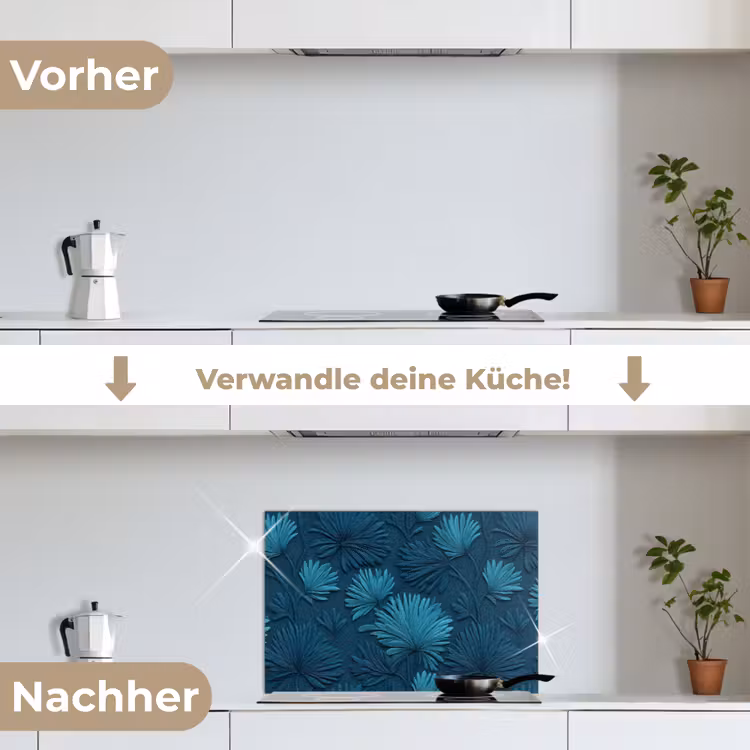 Bladeren - Reliëf - Patroon - Oceaanblauw - Modern keuken achterwand spatscherm klein 900 -voor_na_DE