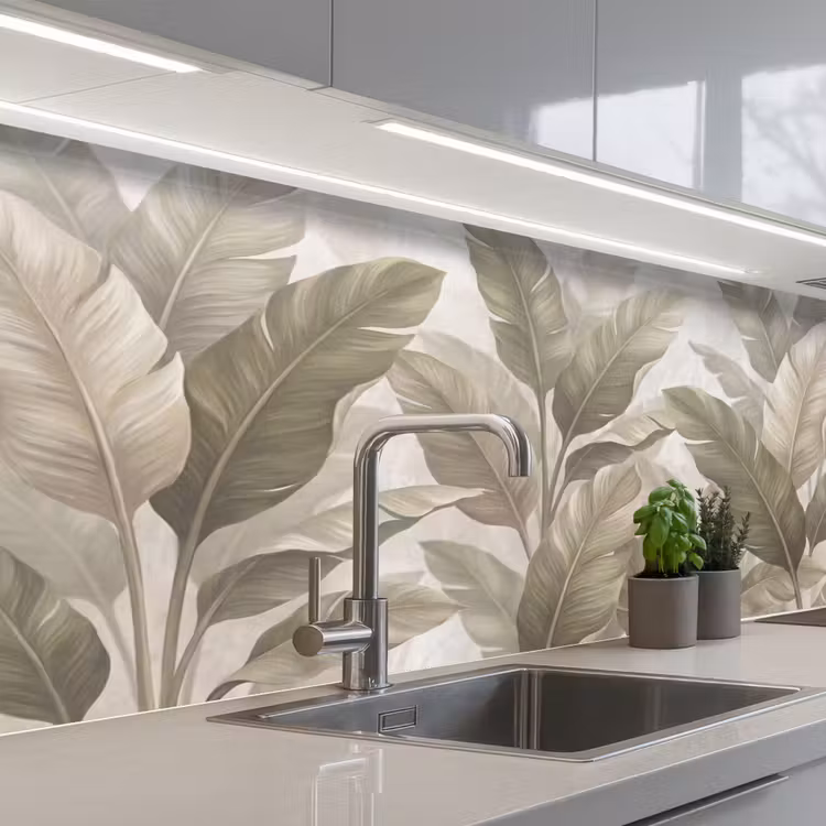 Bladeren - Tropisch - Natuur - Abstract - Beige keuken achterwand 2 middel -3d_schuin