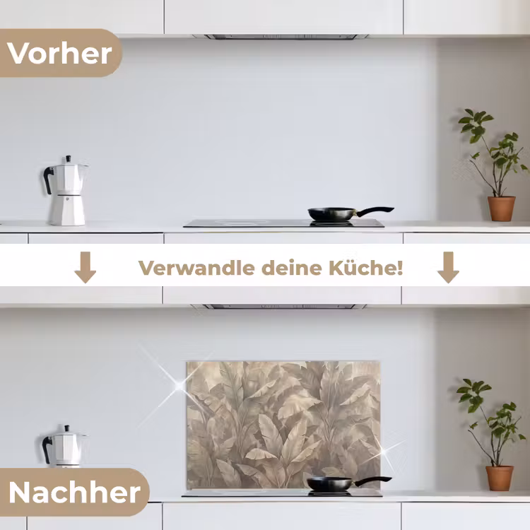 Bladeren - Tropisch - Natuur - Modern - Beige keuken achterwand spatscherm klein -voor_na_DE