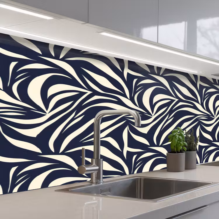Bladvormen - Blauw - Patroon - Wit keuken achterwand 2 middel 871 -3d_schuin