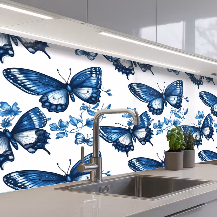 Blauw - Vlinders - Bloemen - Wit keuken achterwand 2 middel 871 -3d_schuin