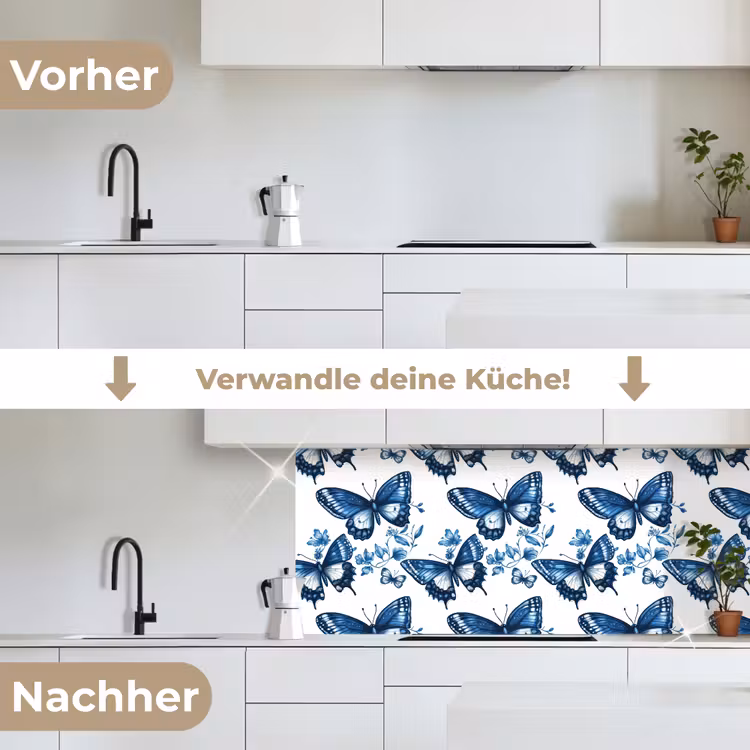 Blauw - Vlinders - Bloemen - Wit keuken achterwand 2 middel 871 -voor-na_DE