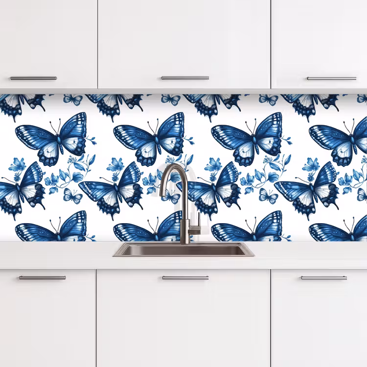 Blauw - Vlinders - Bloemen - Wit keuken achterwand 2 middel 871 -3d
