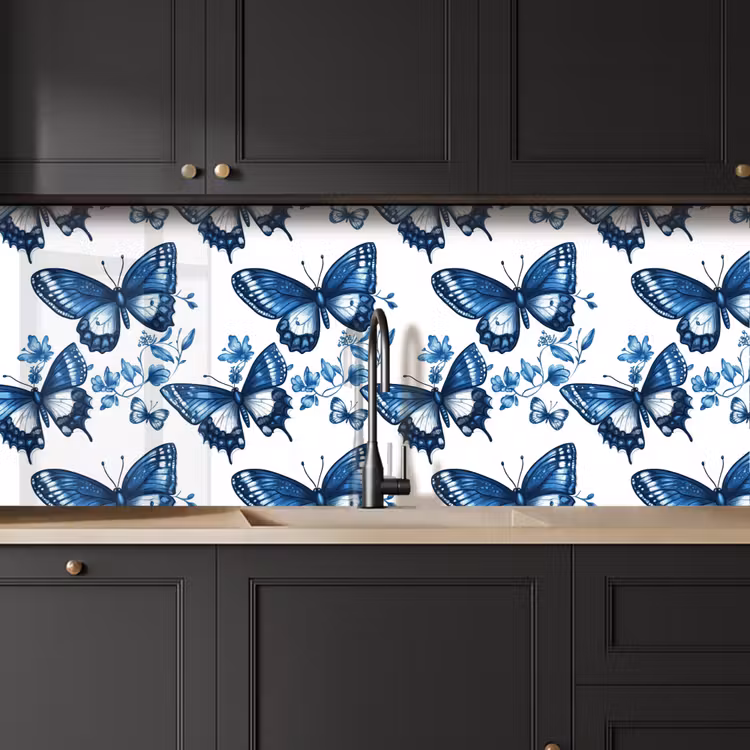 Blauw - Vlinders - Bloemen - Wit keuken achterwand 2 middel 871 -sfeer1
