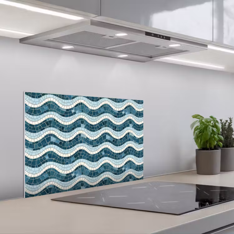 Blauw - Wit - Mozaïek - Golvend keuken achterwand spatscherm klein 900 -3d_schuin