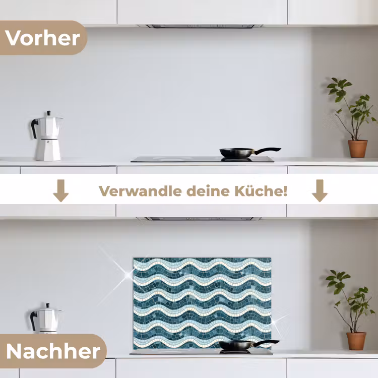 Blauw - Wit - Mozaïek - Golvend keuken achterwand spatscherm klein 900 -voor_na_DE