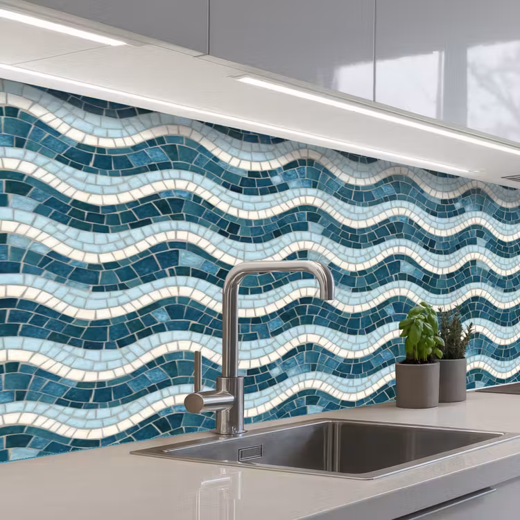 Blauw - Wit - Mozaïek - Golvend keuken achterwand 2 middel 871 -3d_schuin