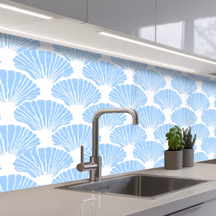 Blauw - Wit - Schelpen - Grafisch - Structuur keuken achterwand 2 middel 871 -3d_schuin