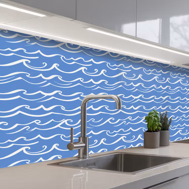 Blauw - Wit - Simpel - Getekend - Golven keuken achterwand 2 middel 871 -3d_schuin