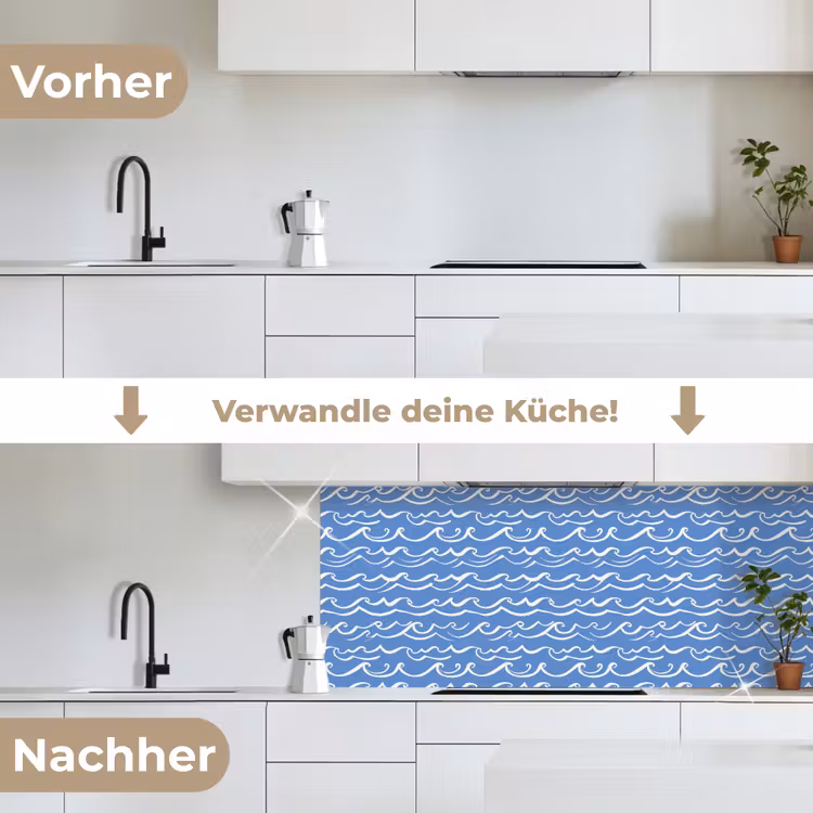 Blauw - Wit - Simpel - Getekend - Golven keuken achterwand 2 middel 871 -voor-na_DE