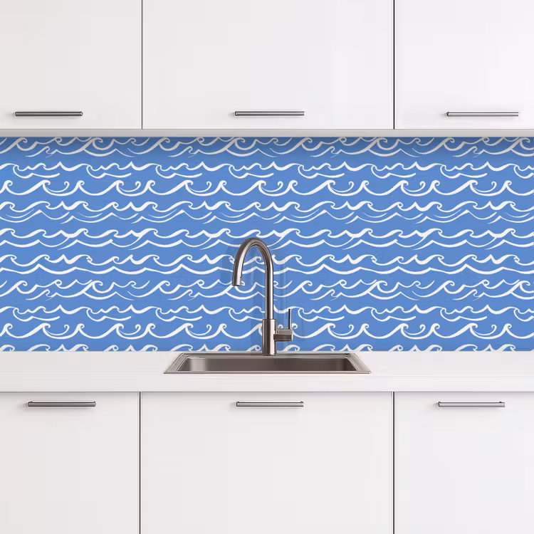 Blauw - Wit - Simpel - Getekend - Golven keuken achterwand 2 middel 871 -3d