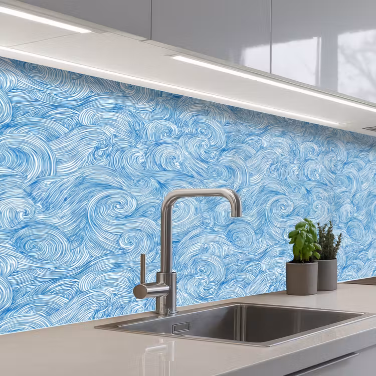 Blauw - Wit - Spiraal - Golven - Lijnen keuken achterwand 2 middel 871 -3d_schuin