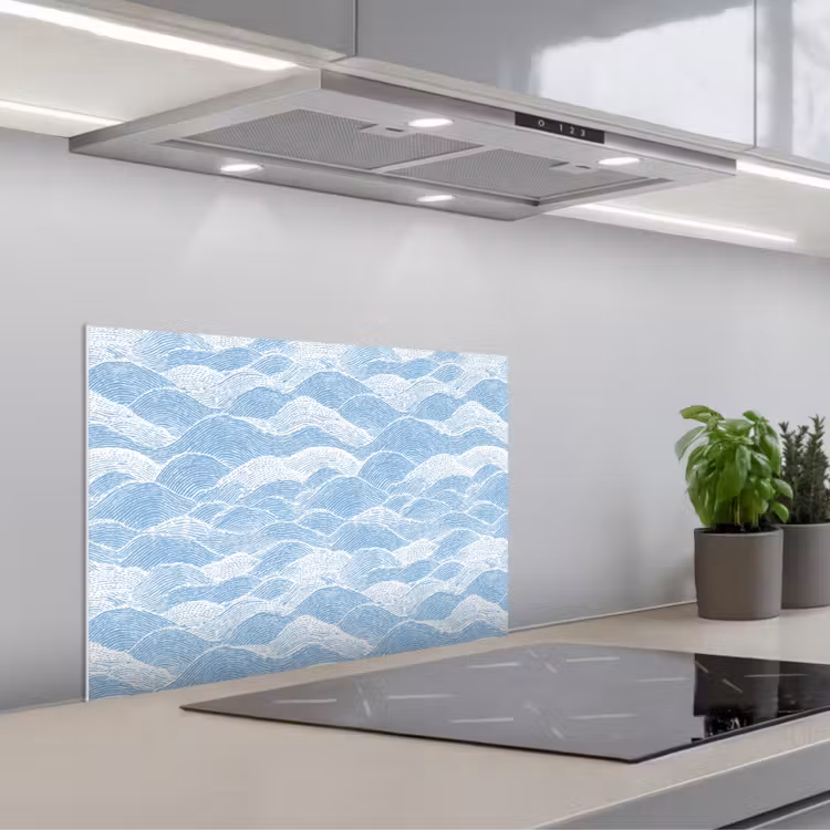 Blauw - Wit - Golven - Getekend keuken achterwand spatscherm klein 900 -3d_schuin