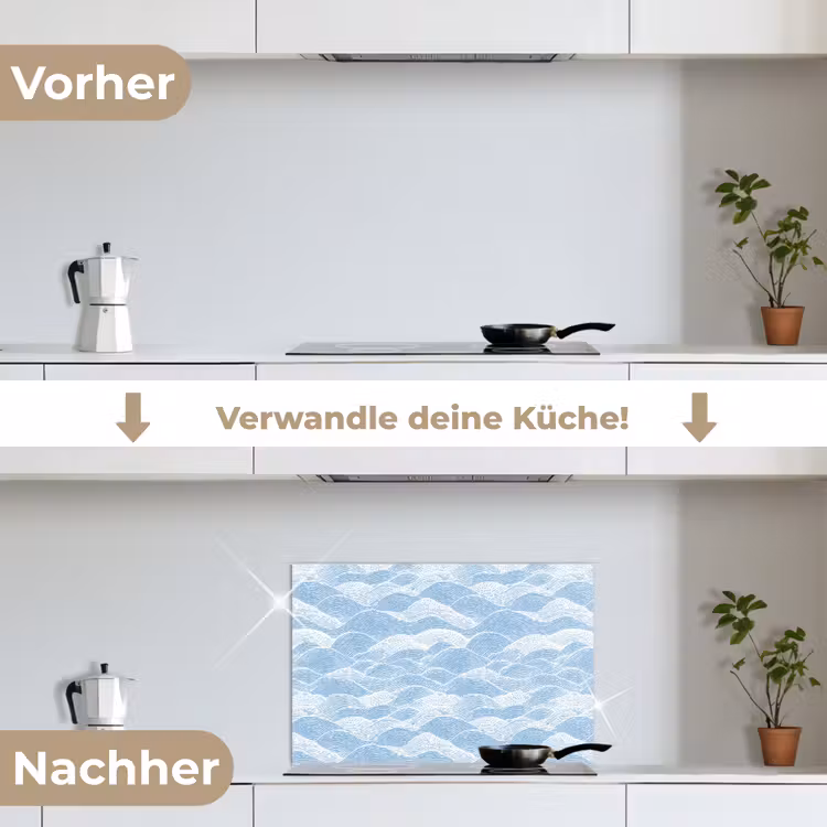 Blauw - Wit - Golven - Getekend keuken achterwand spatscherm klein 900 -voor_na_DE