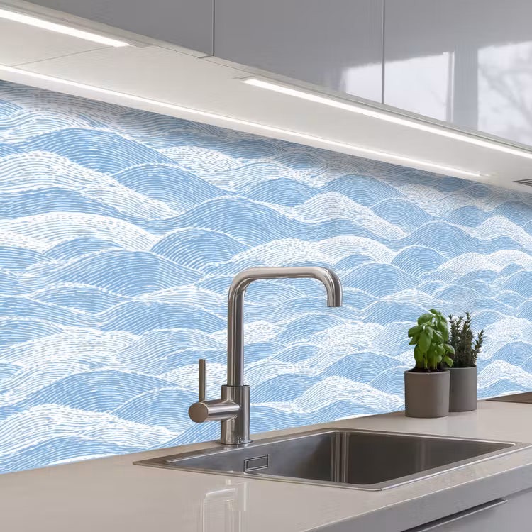 Blauw - Wit - Golven - Getekend keuken achterwand 2 middel 871 -3d_schuin