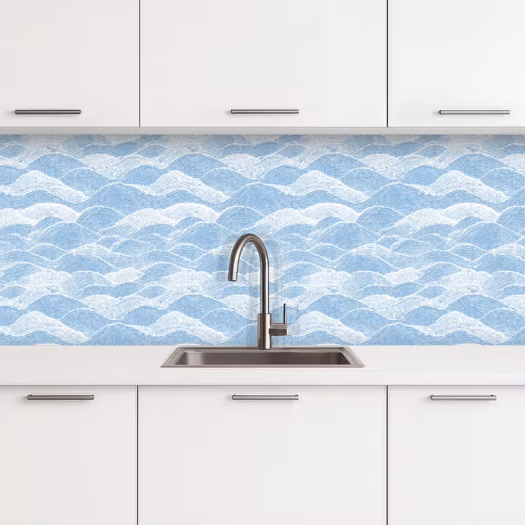 Blauw - Wit - Golven - Getekend keuken achterwand 2 middel 871 -3d