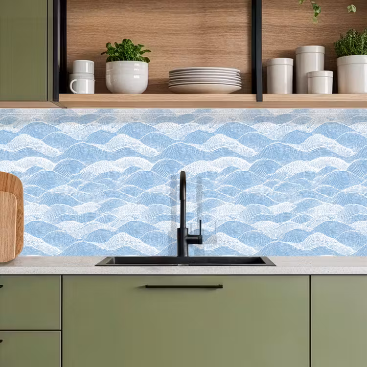 Blauw - Wit - Golven - Getekend keuken achterwand 2 middel 871 -sfeer3
