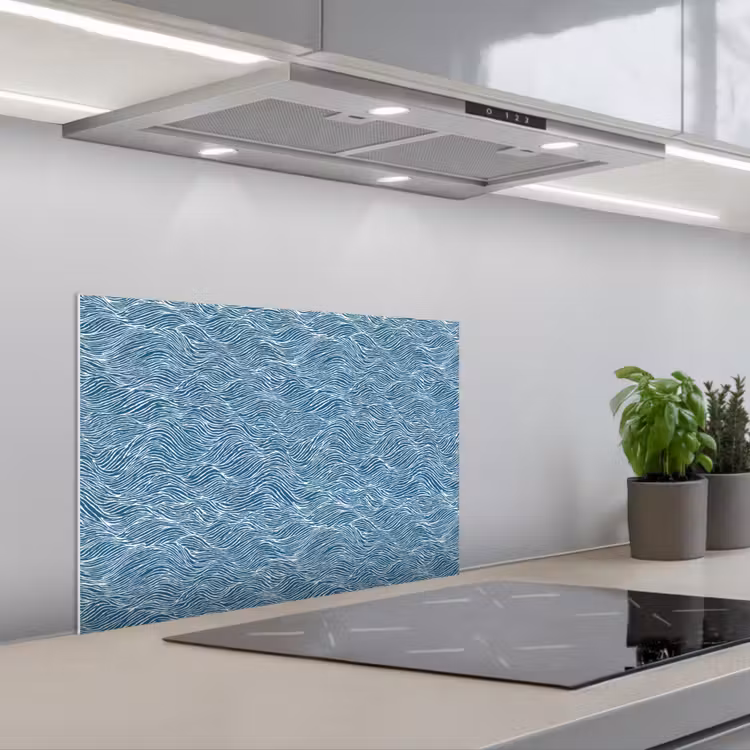 Blauw - Wit - Golven - Getekend - Textuur keuken achterwand spatscherm klein 900 -3d_schuin