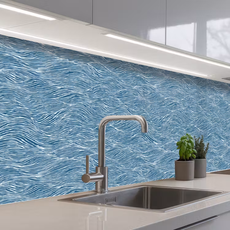 Blauw - Wit - Golven - Getekend - Textuur keuken achterwand 2 middel 871 -3d_schuin