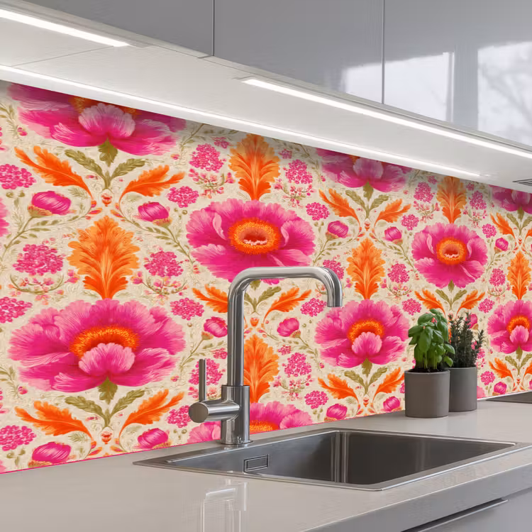 Bloemen - Barok - Roze - Oranje keuken achterwand 2 middel 871 -3d_schuin