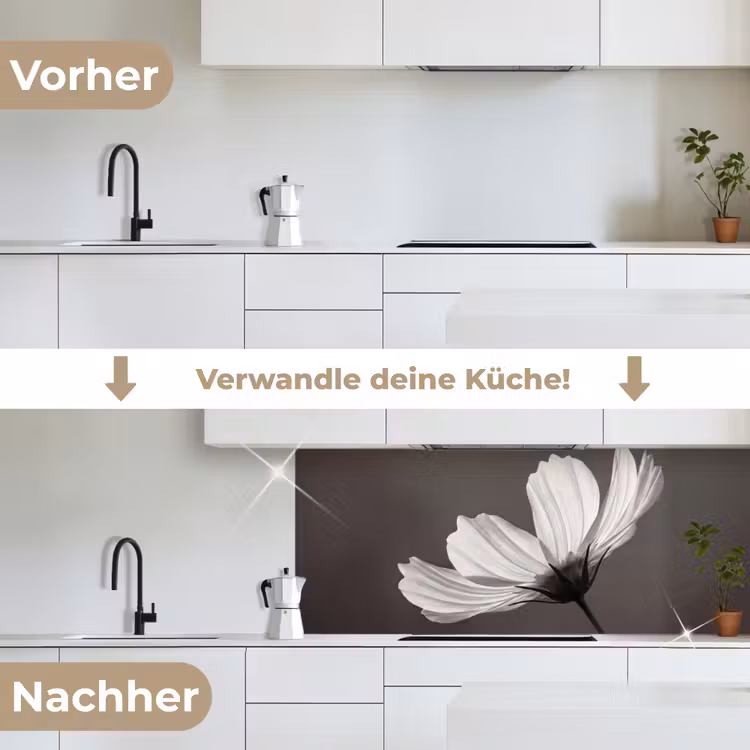 Bloem - Minimalistisch - Zwart - Wit keuken achterwand 2 middel -voor-na_DE