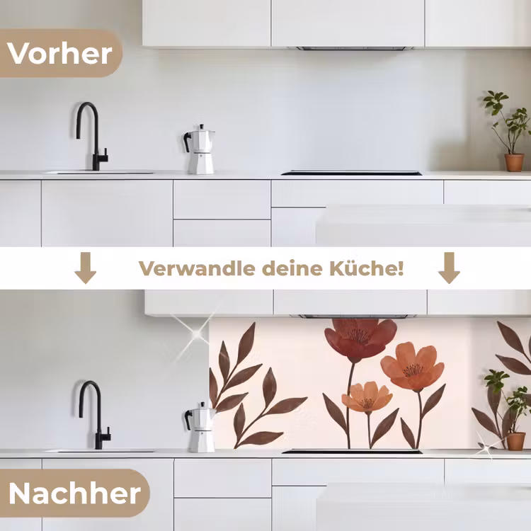 Bloemen - Abstract - Modern - Bruin - Decoratief keuken achterwand 2 middel -voor-na_DE