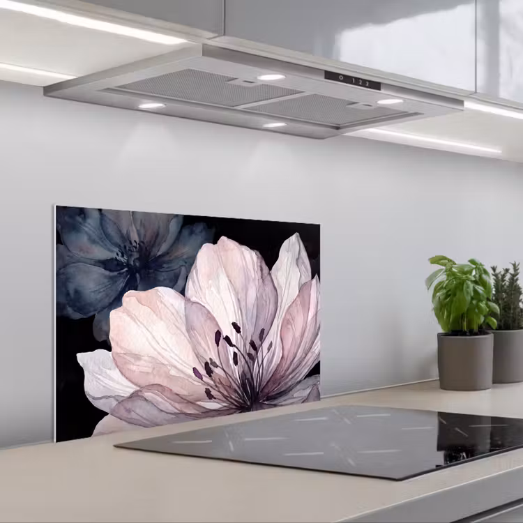 Bloemen - Aquarel - Modern - Roze - Donker keuken achterwand spatscherm klein -3d_schuin