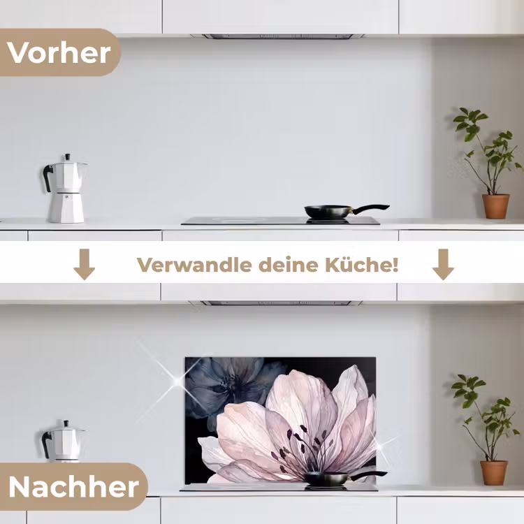 Bloemen - Aquarel - Modern - Roze - Donker keuken achterwand spatscherm klein -voor_na_DE
