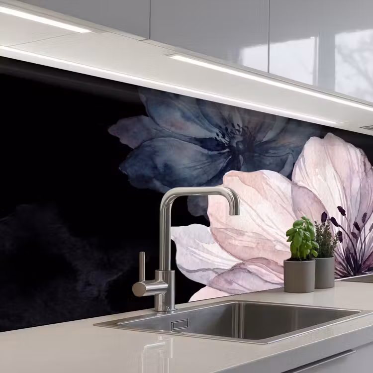 Bloemen - Aquarel - Modern - Roze - Donker keuken achterwand 2 middel -3d_schuin