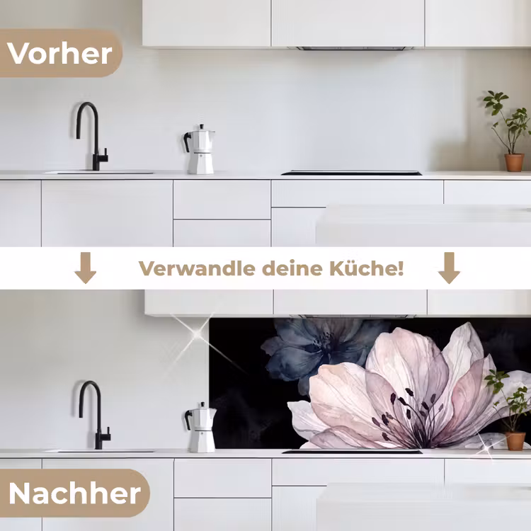 Bloemen - Aquarel - Modern - Roze - Donker keuken achterwand 2 middel -voor-na_DE