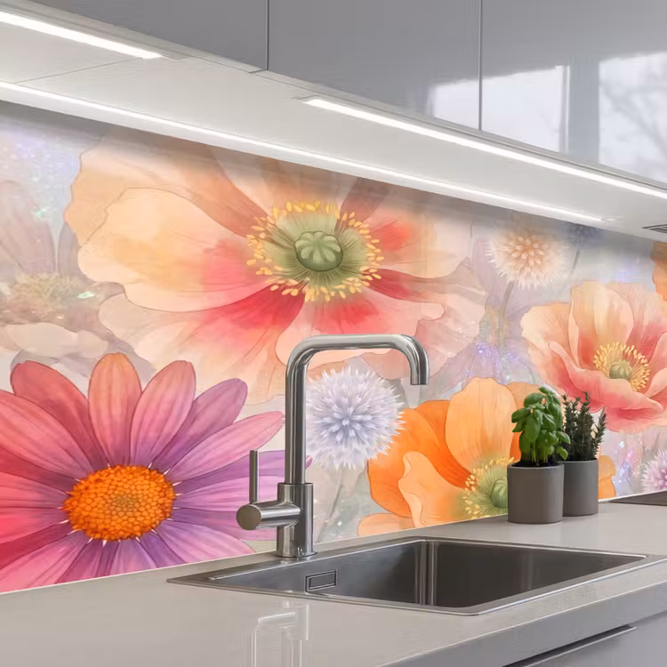 Bloemen - Aquarel - Natuur - Modern - Kleurrijk keuken achterwand 2 middel -3d_schuin