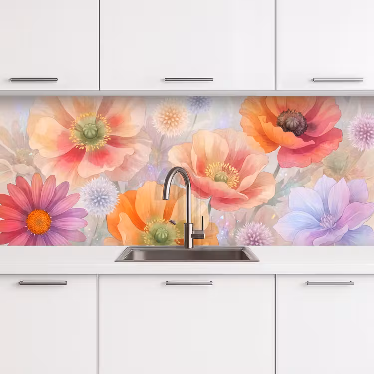 Bloemen - Aquarel - Natuur - Modern - Kleurrijk keuken achterwand 2 middel -3d