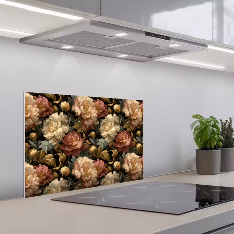 Bloemen - Barok - Patroon - Roze - Crème keuken achterwand spatscherm klein 900 -3d_schuin